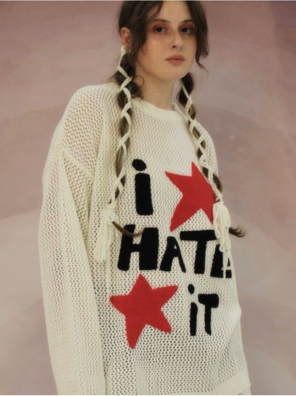 Cream Knit Crewneck Sweater with Red Star Graphic